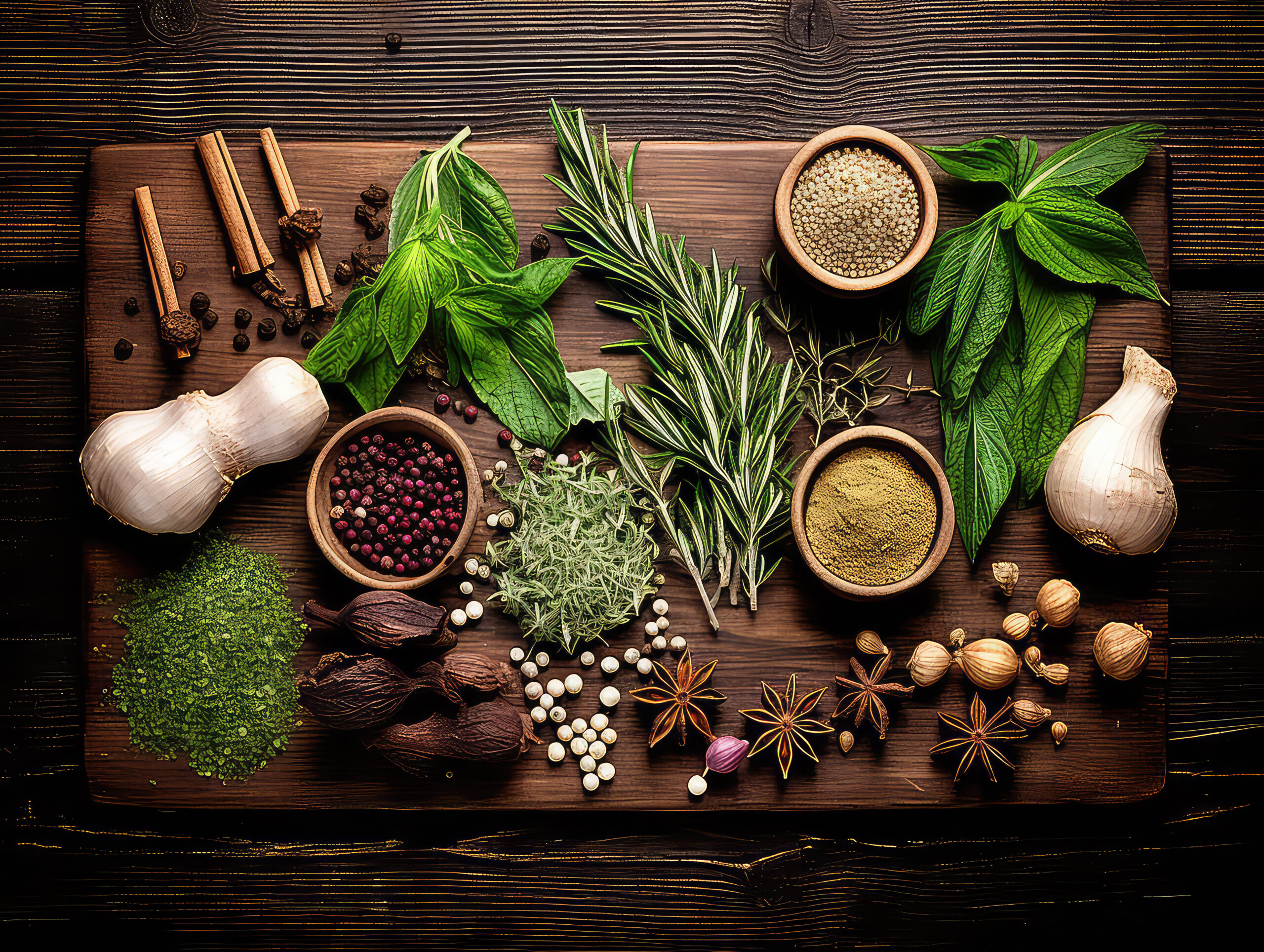 Selection of fresh spices and herbs on a dark wooden table - top view